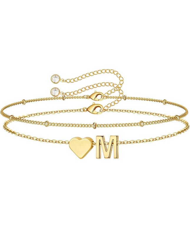 M MOOHAM Valentines Day Gifts for Kids Teen Girls -14K-Gold-Plated Heart Initial A-Z Bracelets for Women Girl Dainty Gold Bracelets Birthday Valentines Gifts for Women Her Teenage Girls Kid Teen Gift