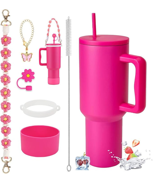 40 oz Tumbler with Handle and Straw & 6PCS Cup Accessories for 40 oz Cup - Vacuum Insulated Stainless Steel Double Wall Water Bottle Travel Coffee Mug - Holiday Gifts for Women Men (Raspberry Vibes)