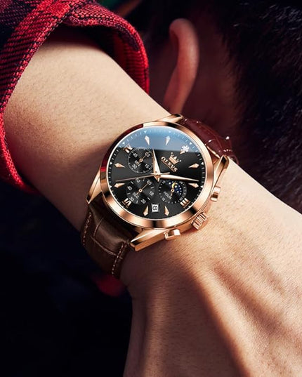 OLEVS Men's Watches Leather Strap Analog Quartz Watch, Fashion Big Dial Date Waterproof Watch, Dress Luxury Luminous Men Watches