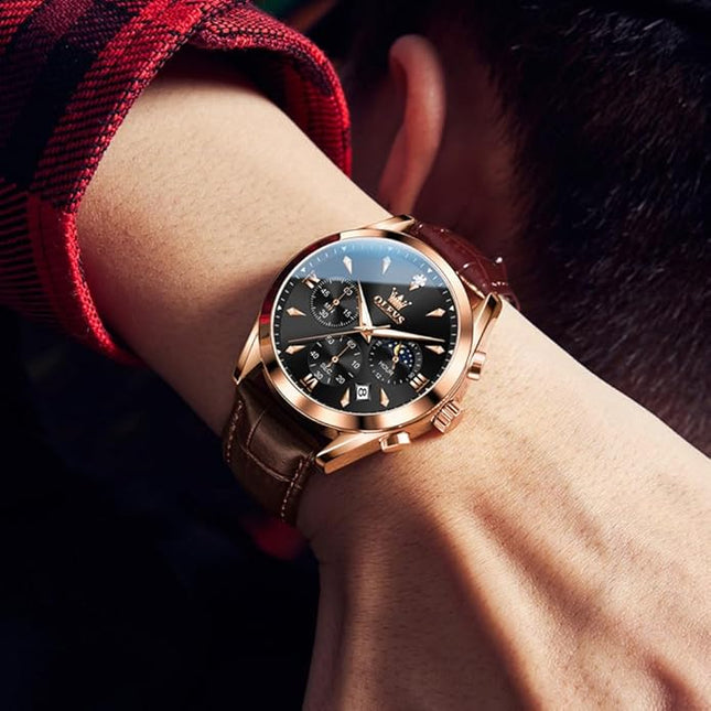 OLEVS Men's Watches Leather Strap Analog Quartz Watch, Fashion Big Dial Date Waterproof Watch, Dress Luxury Luminous Men Watches