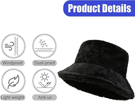 Women Plush Fluffy Bucket Hat Warm Lining Winter Faux Fur Cozy Wide Brim Winter