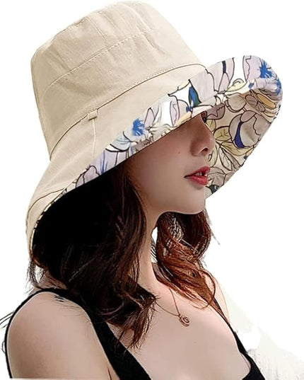 HUAMULAN Women Summer Sun Hat Wide Brim Wired Edge Floral Beach Bucket Hats Reversible Foldable Travel UV Protection Lady Hat