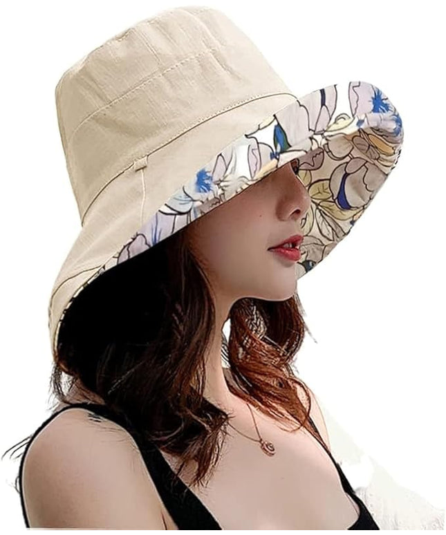 HUAMULAN Women Summer Sun Hat Wide Brim Wired Edge Floral Beach Bucket Hats Reversible Foldable Travel UV Protection Lady Hat