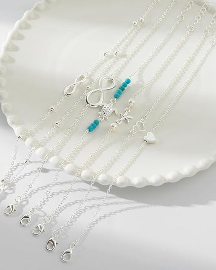 Starain 12Pcs Summer Beach Anklets for Women Waterproof Gold Silver Chain Ankle Bracelets Cute Women's Foot Anklet Set 7.9-10.5 inch Adjustable