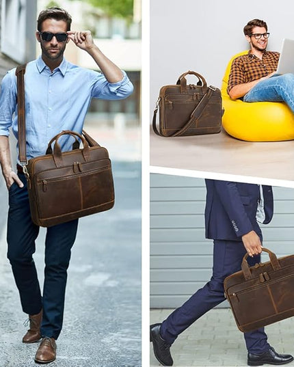 Jack&Chris Full Grain Leather Briefcase for Men, Business Messenger Bag Laptop Bag Attache Case, Fits 15.6 Inch Laptop