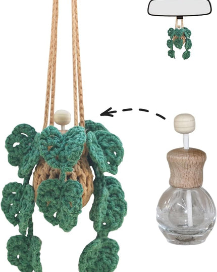 Cute Crochet Car Plant Monstera Essential Oil Diffuser Bottle - 12ml Refillable, Green Car Accessory for Mirror Decor and Home Decor