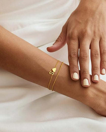 M MOOHAM Valentines Day Gifts for Kids Teen Girls -14K-Gold-Plated Heart Initial A-Z Bracelets for Women Girl Dainty Gold Bracelets Birthday Valentines Gifts for Women Her Teenage Girls Kid Teen Gift