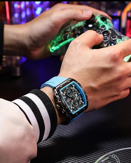 PASOY Luxury Chronograph Watches for Mens Rubber Strap Black Waterproof Date Analog Quartz Watch