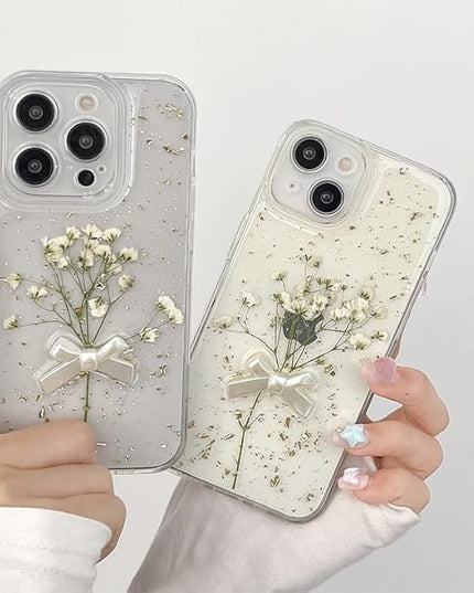 for iPhone 13 Pro - White Flower Bow Case with Real Flower Gold Foil Transparent Case - Soft TPU Case for Women and Girls 6.1