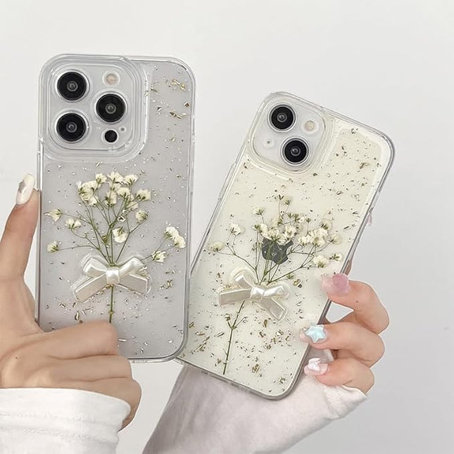 for iPhone 15 Plus - White Flower Bow Case - Gold Foil Real Flower Bracelet Case - Soft TPU 6.7