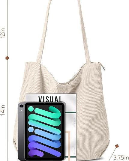 Iioscre Corduroy Tote Bag for Women,Hobo HandBags with Zipper,Large Capacity Casual Shoulder Handbags with Inner Pockets