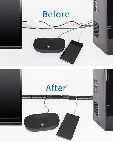 RELIANCER 10FT Cable Management Sleeve Organizer,1/2 inch Coiled Cord Organizer w/4 Cable Clips & Guide Clip,Wire Cover Wire Wrap Cable Protector,Messy Cable Tube Hider Solutions TV PC Home Office