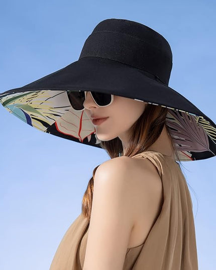 HUAMULAN Women Summer Sun Hat Wide Brim Wired Edge Floral Beach Bucket Hats Reversible Foldable Travel UV Protection Lady Hat