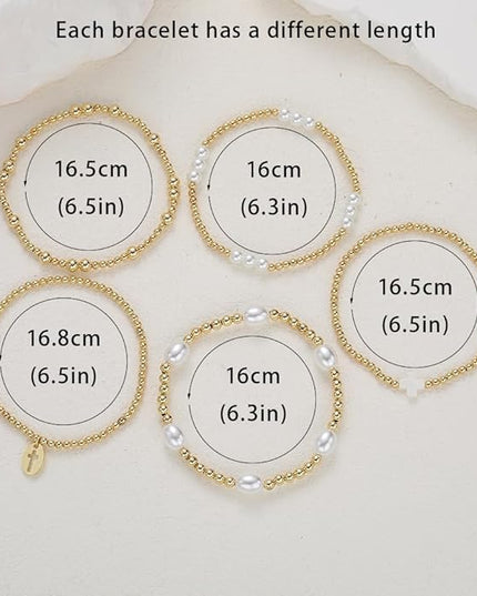 Gold Beaded Bracelets for Women, 14K Real Gold Plated Jewelry for Women Dainty Pearl Bead Bracelets Stack, Non Tarnish Trendy Stackable Ball Cross Stretch Bracelet Set Fashion Accessories Gifts