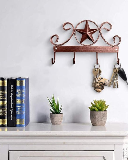 EcoRise Brown Texas Country Western Key Holder - Rustic Wall Décor Key Hanger for Home, Vintage Metal Key Hangers for Wall, Star Key Rack Hook Wall Holders, Multiple Hooks for Keys (Brown)