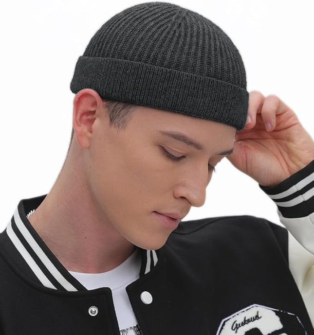 ROYBENS Thin Swag Wool Short Fisherman Beanie for Men Women, Knit Cuff Trawler Beanie Watch Hat, Soft Spring Fall Skull Cap