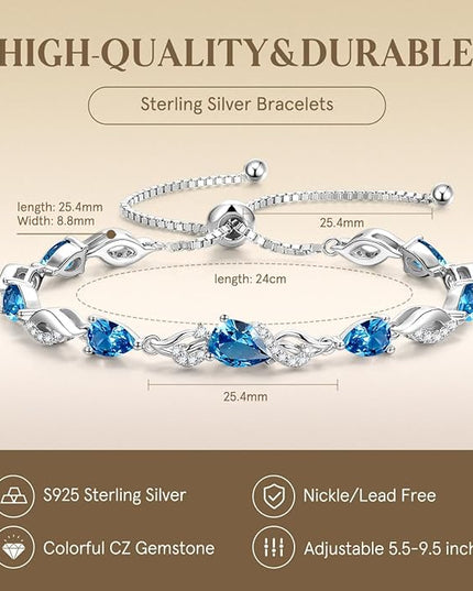 FANCIME Birthstone Teardrop Tennis Bracelet for Women, Sterling Silver 9x7mm main Gemstone Bolo Adjustable Chain Bracelet Fine Jewelry Birthday Gifts for Women Mom Wife Her