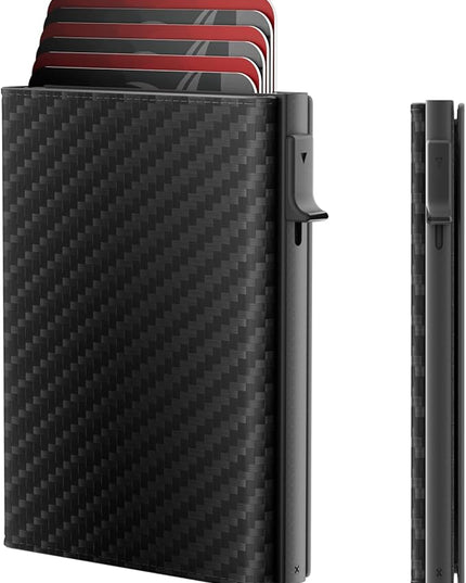 Mens Wallet Card Holder - Smart Wallet for Men, Pop Up Card Case, Top Grain Leather, RFID Blocking, Slim, Minimalist, Ultra-Thin, Front Pocket, 12 Card Capacity | ID Window | Cash Slot (Carbon Fiber)