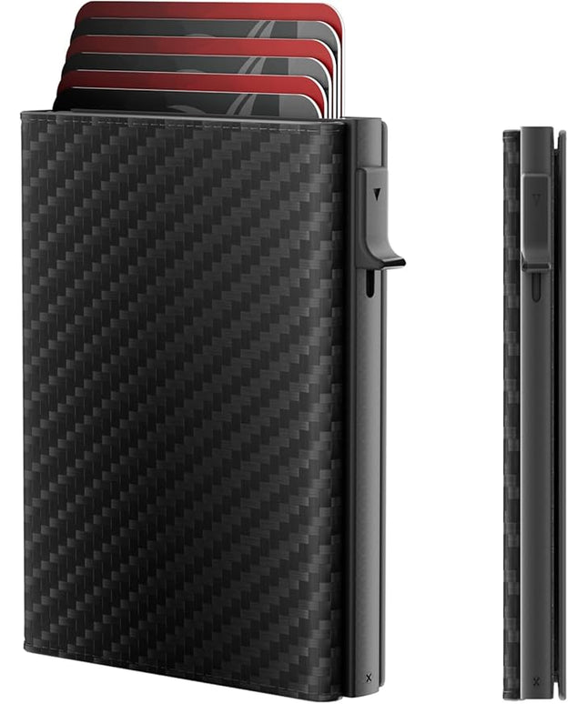 Mens Wallet Card Holder - Smart Wallet for Men, Pop Up Card Case, Top Grain Leather, RFID Blocking, Slim, Minimalist, Ultra-Thin, Front Pocket, 12 Card Capacity | ID Window | Cash Slot (Carbon Fiber)