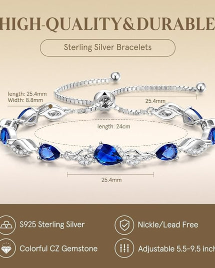 FANCIME Birthstone Teardrop Tennis Bracelet for Women, Sterling Silver 9x7mm main Gemstone Bolo Adjustable Chain Bracelet Fine Jewelry Birthday Gifts for Women Mom Wife Her