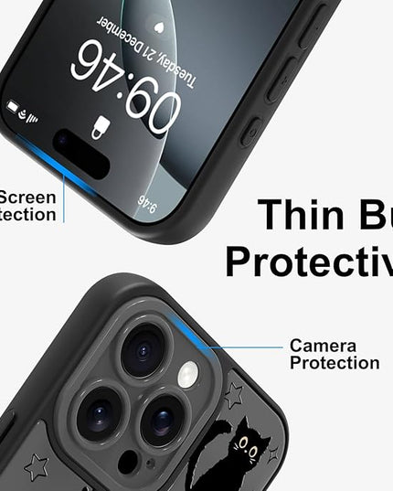 Cute Case for iPhone 16 Pro Max Case with Finger Loop Stand, Kawaii Black Cats Pattern Design for Women Girls Boys, Full Camera Protection Protective Phone Cover with Hand Strap Kickstand