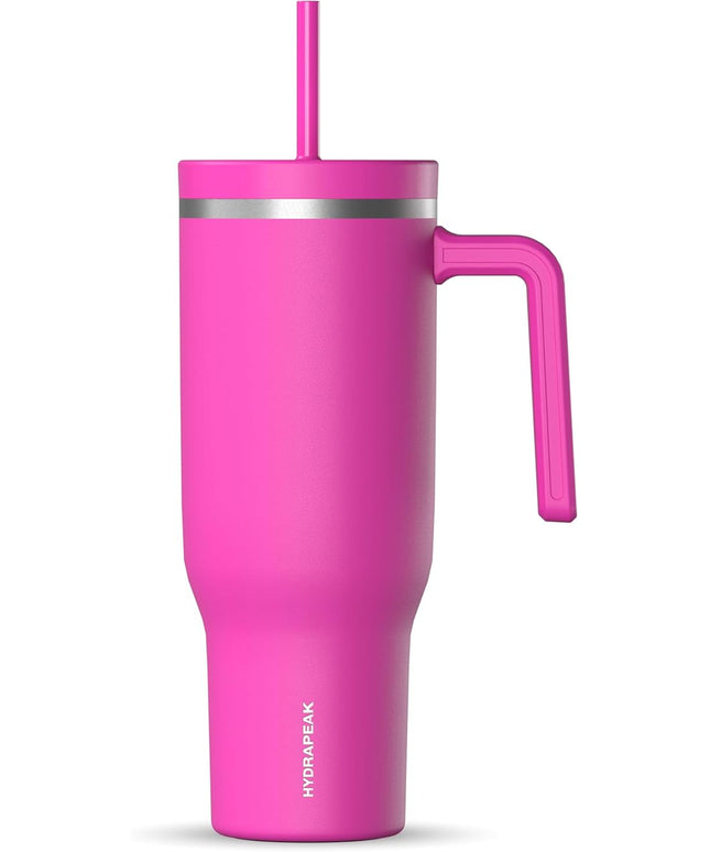 Hydrapeak Voyager 40 Oz Stainless Steel Tumbler with Handle, Insulated Water Bottle With Straw & Lid, Cupholder Friendly Reusable Travel Mug (Fuchsia)