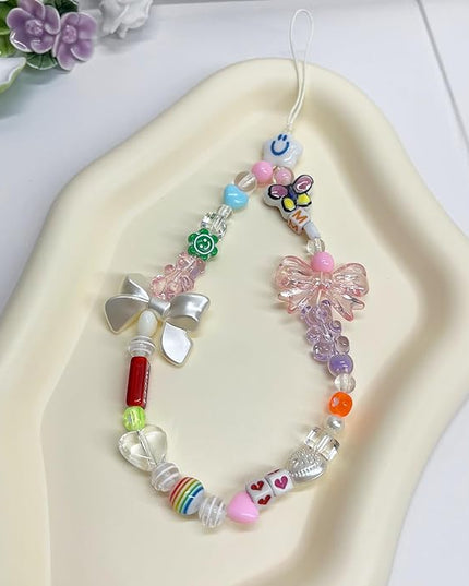 4 Pcs Phone Charms Cute Beaded Phone Pink Lanyard Wrist Strap Aesthetic Y2K Cellphone Wrist Strap Bow Butterfly Heart Star Flower for Camera Keychain Wallet Pendant Decor
