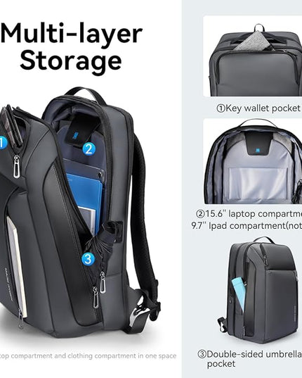 Muzee Business Backpack for Men, Travel Laptop Backpack Fits 15.6 Inch, Waterproof Expandable Bag 25L-35L, Grey Work Daypack with USB & USB-C Charging Ports, Anti-Theft Pocket, Luggage Strap