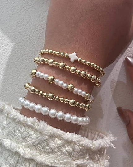 Gold Beaded Bracelets for Women, 14K Real Gold Plated Jewelry for Women Dainty Pearl Bead Bracelets Stack, Non Tarnish Trendy Stackable Ball Cross Stretch Bracelet Set Fashion Accessories Gifts