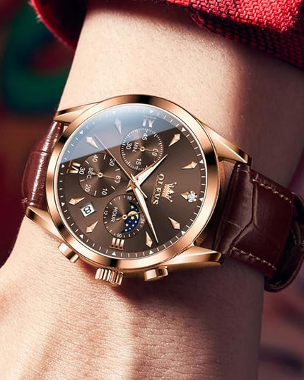 OLEVS Men's Watches Leather Strap Analog Quartz Watch, Fashion Big Dial Date Waterproof Watch, Dress Luxury Luminous Men Watches