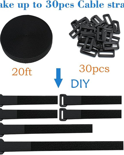 1"x20FT Hook and Loop Straps, with 30 Plastic Buckles, Adjustable Fastening Cable Straps, Cut-to-Length Cinch Strap, Reusable Nylon Securing Cord Ties for Organizer or Storage - Black
