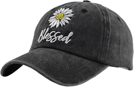 MANMESH HATT Embroidered Daisy Blessed Hat for Women Men, Adjustable Vintage Washed Cotton Christian Baseball Cap
