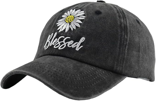 MANMESH HATT Embroidered Daisy Blessed Hat for Women Men, Adjustable Vintage Washed Cotton Christian Baseball Cap
