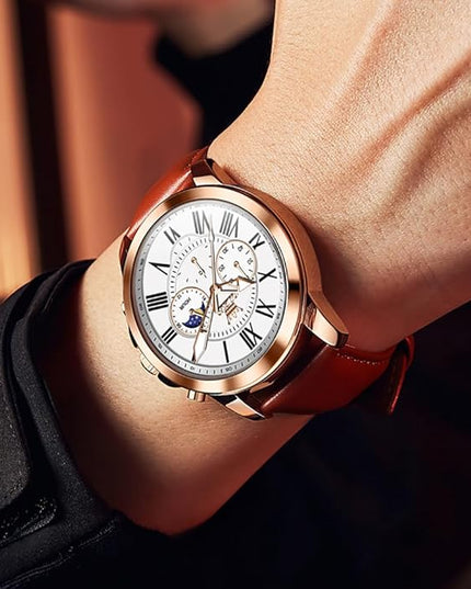 OLEVS Men's Watches Leather Strap Analog Quartz Watch, Fashion Big Dial Date Waterproof Watch, Dress Luxury Luminous Men Watches