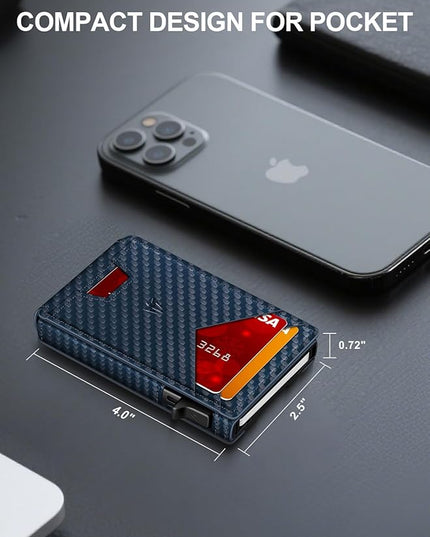 Ruiici Wallet for Men, Slim Minimalist Wallet with Money Clip＆ID Window, RFID Blocking Pop-Up Credit Card Holder, Smart Auminum Mens Wallet Holds 9-13 Cards (Gift Box) (Blue Carbon Fiber)