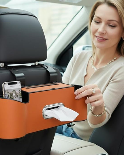 3-in-1 Car Backseat Organizer, 2026 New Multifunctional Back Seat Car Organizer with Cup Holder, Tissue Box, Trash Bin & Hooks for Hold Phones, Snacks, Drinks, Handbags (2, Red)