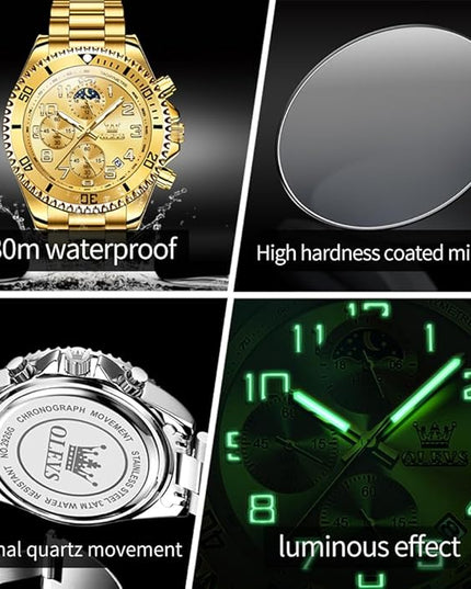 OLEVS Mens Watches Chronograph Watch Luxury Dress Stainless Steel Waterproof Watches for Men Moon Phase Luminous Business Calendar Wrist Watch Blue/Black/Green/Gold/Face