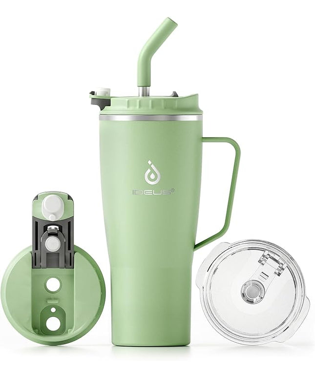 Ideus 32 oz Tumbler with Handle and Straw, Vacuum Insulated Stainless Steel Travel Mug, 100% Leakproof, Cup Holder Friendly, Avocado Green
