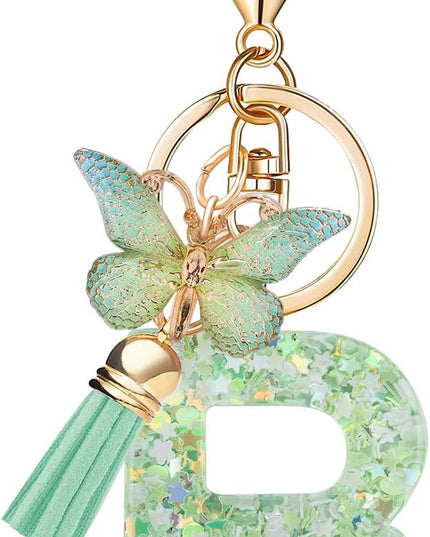 Fashion Alphabet Initial Letter Keychain Tassel Butterfly Pendant Key Ring for Purse Handbags Women Girl