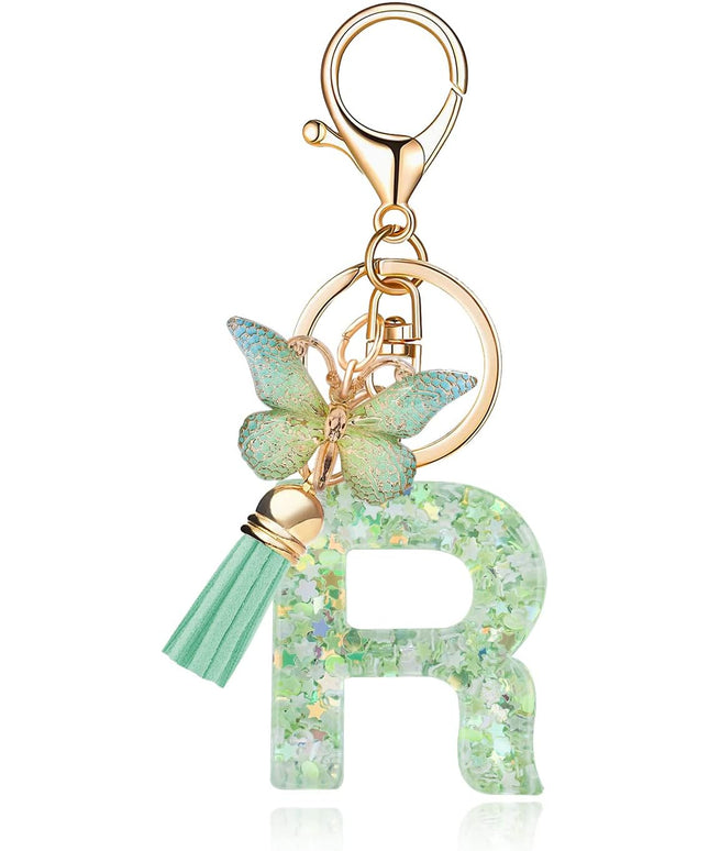 Fashion Alphabet Initial Letter Keychain Tassel Butterfly Pendant Key Ring for Purse Handbags Women Girl