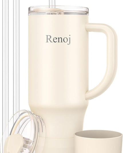 Renoj Tumbler with Handle 100% Spill Resistant Insulated Water Bottle for Iced Coffee & Hot Drinks - Fits Car Cup Holder, Ideal Gift, 2 Straws & Silicone Boot BPA-Free - FlexSlide White 32 oz