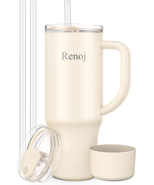 Renoj Tumbler with Handle 100% Spill Resistant Insulated Water Bottle for Iced Coffee & Hot Drinks - Fits Car Cup Holder, Ideal Gift, 2 Straws & Silicone Boot BPA-Free - FlexSlide White 40 oz