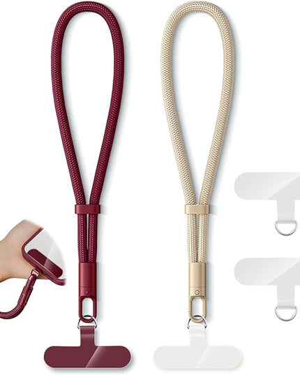 2 Pack Phone Lanyard,2×Phone Wrist Strap,4×Tether Tabs,Universal Cell Phone Multifuctional Patch Polyester Lanyards,Cell Phone Hand Strap for Women and Men(wine+light camel)