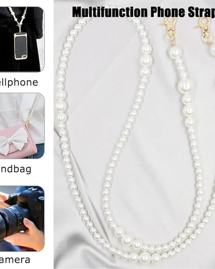 Phone Chain Crossbody Pearl Strap, Pearl Beaded Chain Shoulder Crossbody Lanyard with Phone Tether Patches Compatible with Most Phones Bag Purse (I)