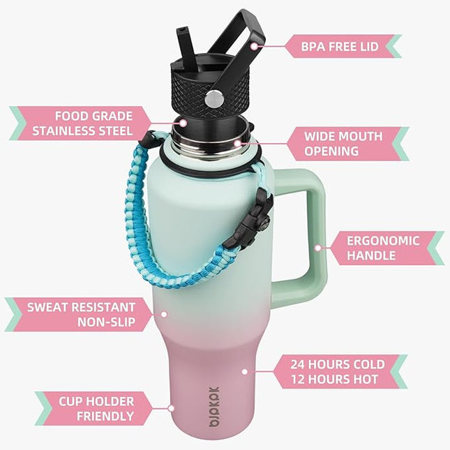 BJPKPK Insulated Water Bottles with Straw Lid, 40oz Metal Water Bottle with 2 lids & Paracord Strap, Double Wall Stainless Steel Tumbler with Handle, Reusable Cups, Mugs, Thermo, Marshmallow
