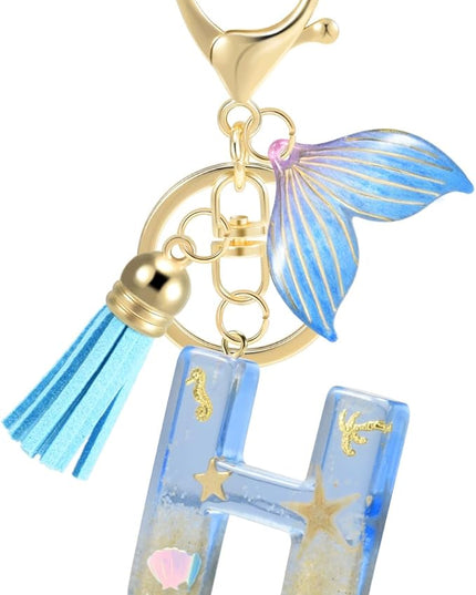 Initial letter Keychains for Women, Ocean Series Avowing Protect Earth Environment, Tassel Cute Car Keychain Initial Key Chain Keyring for Bookbag Handbag Backpack Charm Key Ring Unisex (Letter H)