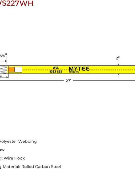 Mytee Products 4 Pack 2" x 27' Winch Straps w/Wire Hook - 3333lbs WLL - Yellow Heavy Duty 2 Inch Cargo Control Tie Down Straps for Flatbed Truck Utility Trailer