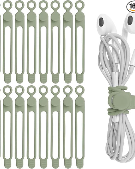 Nearockle 16Pcs Silicone Cable Straps Wire Organizer for Bundling Earphone, Phone Charger, Computer Cords, Reusable Cable Ties Cord Organizer in Home,Office,Kitchen,School(Green)