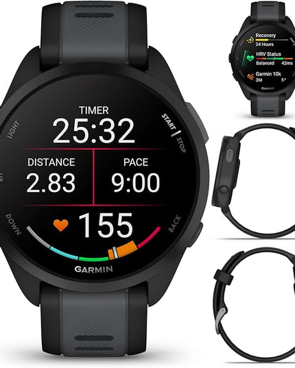 Wearable4U - Garmin Forerunner 165 Music Running Smartwatch, Colorful AMOLED Touchscreen, Training Metrics and Recovery Insights Includes PowerPack and Adapters Bundle, Black/Slate Gray
