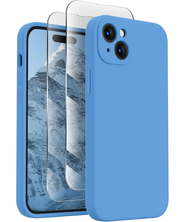 FireNova Designed for iPhone 15 Case, Silicone Upgraded [Camera Protection] Phone Case with [2 Screen Protectors], Soft Anti-Scratch Microfiber Lining Inside, 6.1 inch, Blue